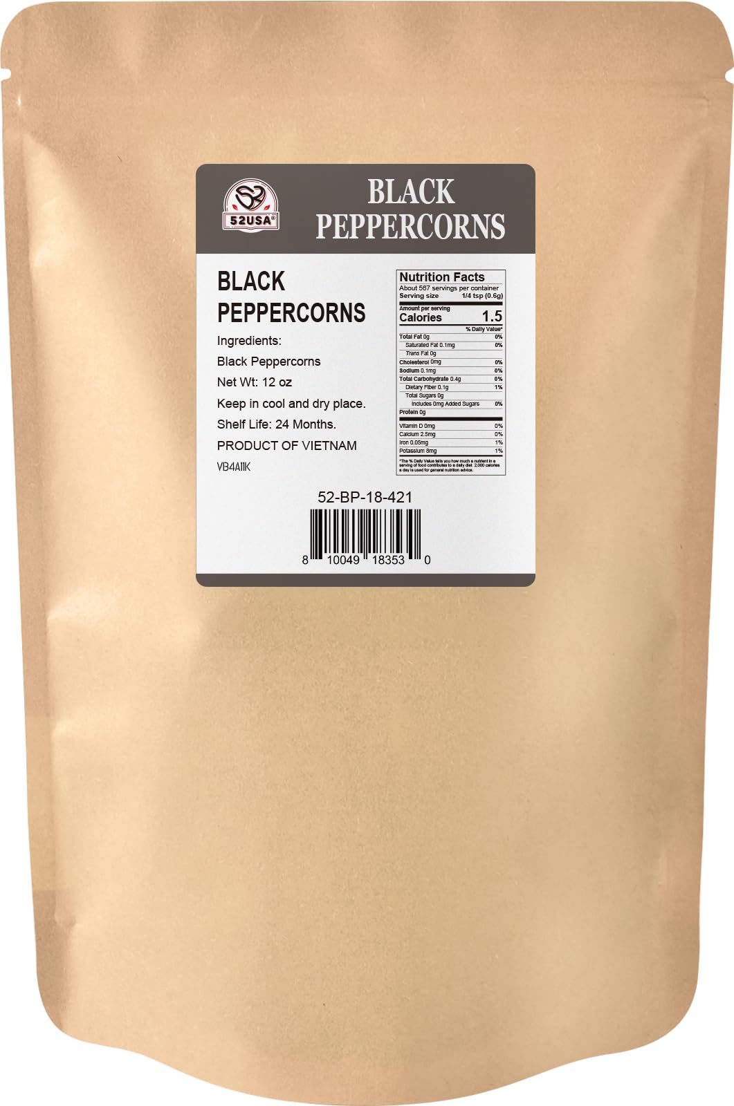 52Usa Black Peppercorns, 12Oz (Pack Of 1), Peppercorns For Grinder Refill, Gluten-Free, Kosher, Whole Peppercorns, All Natural B