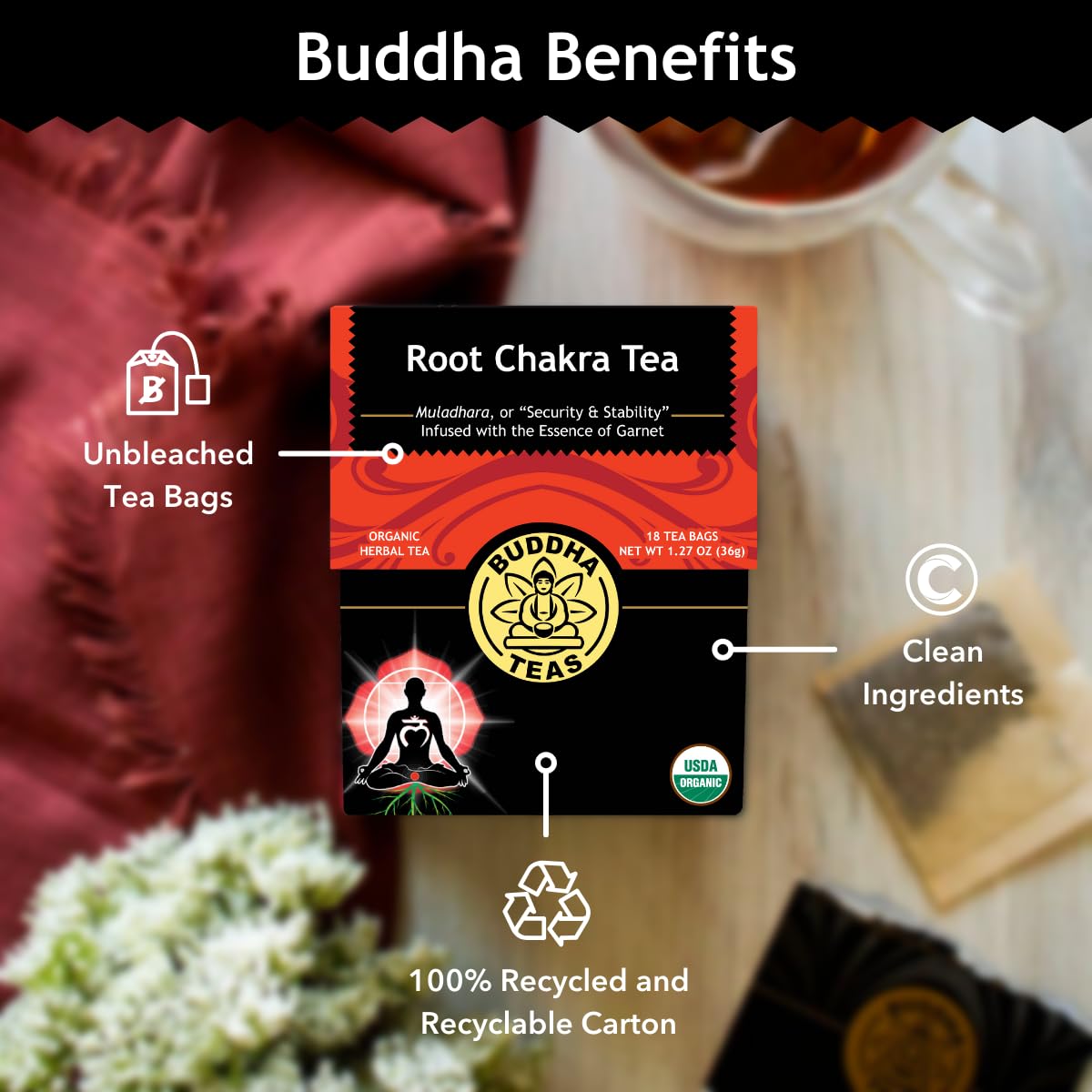 Buddha Teas - Root Chakra Tea - Organic Herbal Tea - For Security & Stability - With Ashwagandha Root, Raspberry Leaf, Cloves &