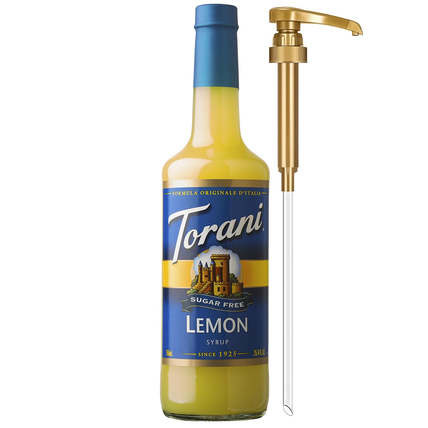Torani Sugar Free Syrup, Lemon Flavoring for Drinks, Zero Calorie, Glass Bottle with Pump Included, 25.4 Fl Oz