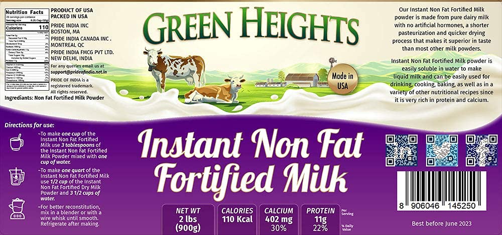 Instant Fortified Nonfat Milk Powder Jar 2 Pound / 900 GMS Jar (28+ Servings) - Proudly Made in America - Healthy Nourishing Ess