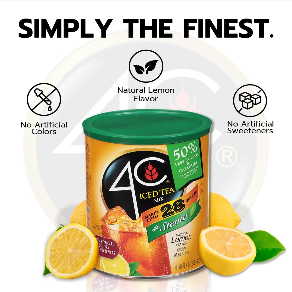 4C Reduced Sugar Iced Tea Powdered Drink Mix, 28 Quarts, Family Sized Canister, 36.9 Ounce, Thirst Quenching Lemon Flavor
