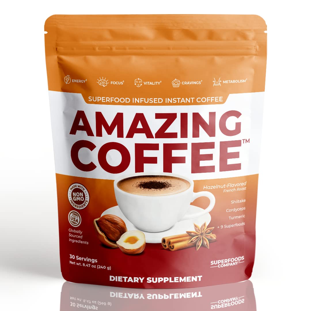 Superfoods Company Instant French Roast Coffee with Adaptogenic Mushrooms, Hazelnut Flavor, 8.47 Ounce