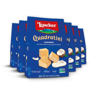 Loacker Quadratini Coconut Bite-Size Wafer Cookies| Large Pack Of 6 | Crispy Wafers With 4 Creamy Layers Of Finest Coconut Cream Filling | Great For Snacks & Desserts | No Artificial Flavorings, Added Colors Or Preservatives | 8.82 Oz Per Bag