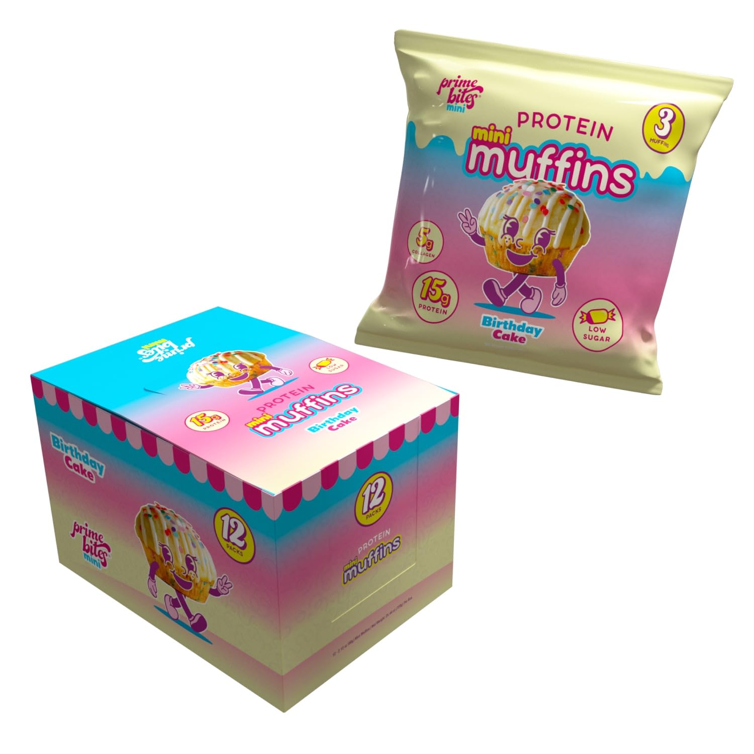 Alpha Prime Supplements Protein Mini Muffins - Birthday Cake Flavor, Low Sugar, 12 Packs per Box, 15.7 x 14.7 x 21.99 cm