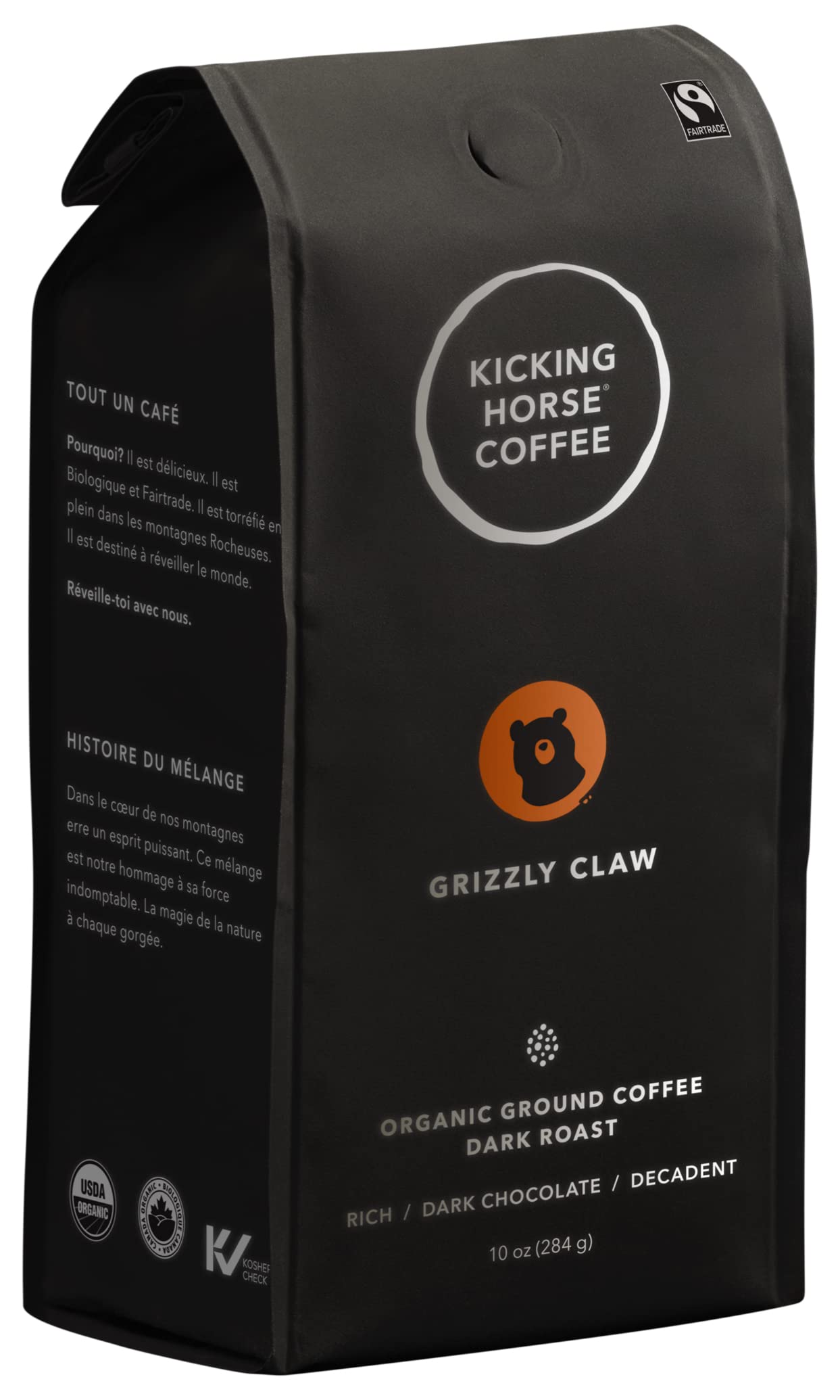 Kicking Horse Coffee, Grizzly Claw, Dark Roast, Ground, 10 Oz - Certified Organic, Fairtrade, Kosher Coffee