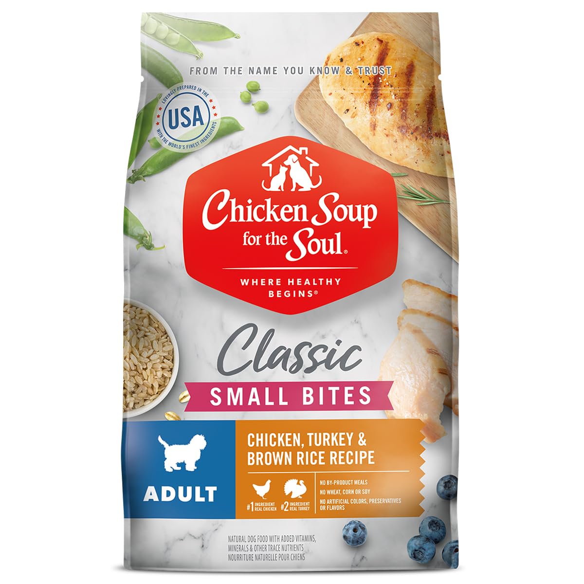 Chicken Soup For The Soul All Natural Enhanced Small Bites Mature-Themed Dry Dog Food, Real Meat First Ingredient, No By-Products, Supports Gut & Immune Health, Chicken, Turkey & Brown Rice, 28Lb