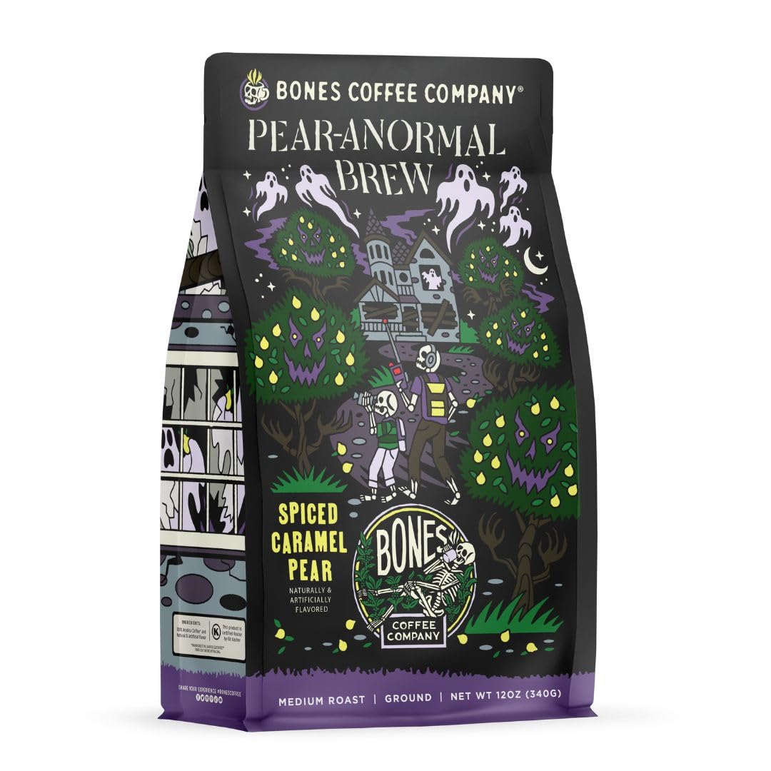 Bones Coffee Company Pear-Anormal, Caramel and Spiced Pear Flavored Coffee, Medium Roast Low Acid Arabica Beans Compatible with 