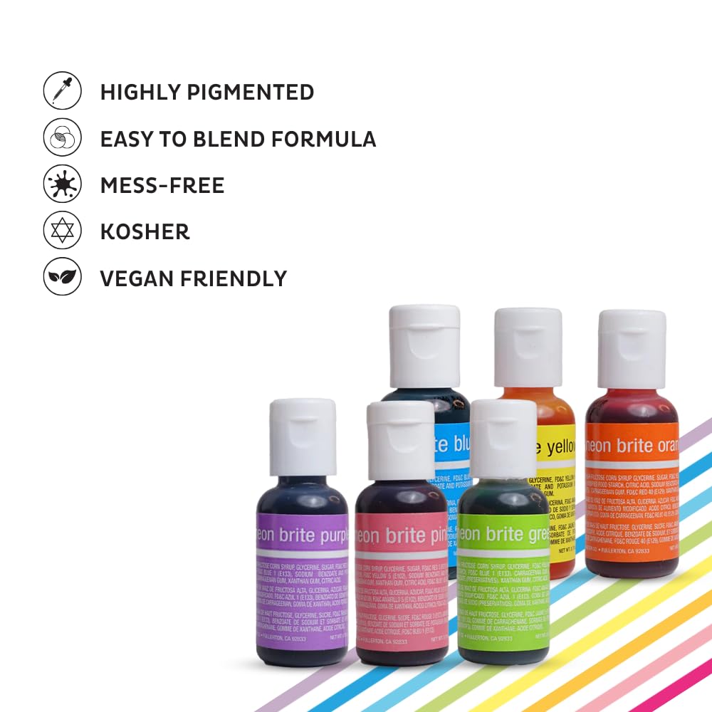 Chefmaster - Neon Liqua-Gel Food Coloring - Fade Resistant - 6 Pack of 20ml Bottles - Stunning Vivid Colors with Lightweight and