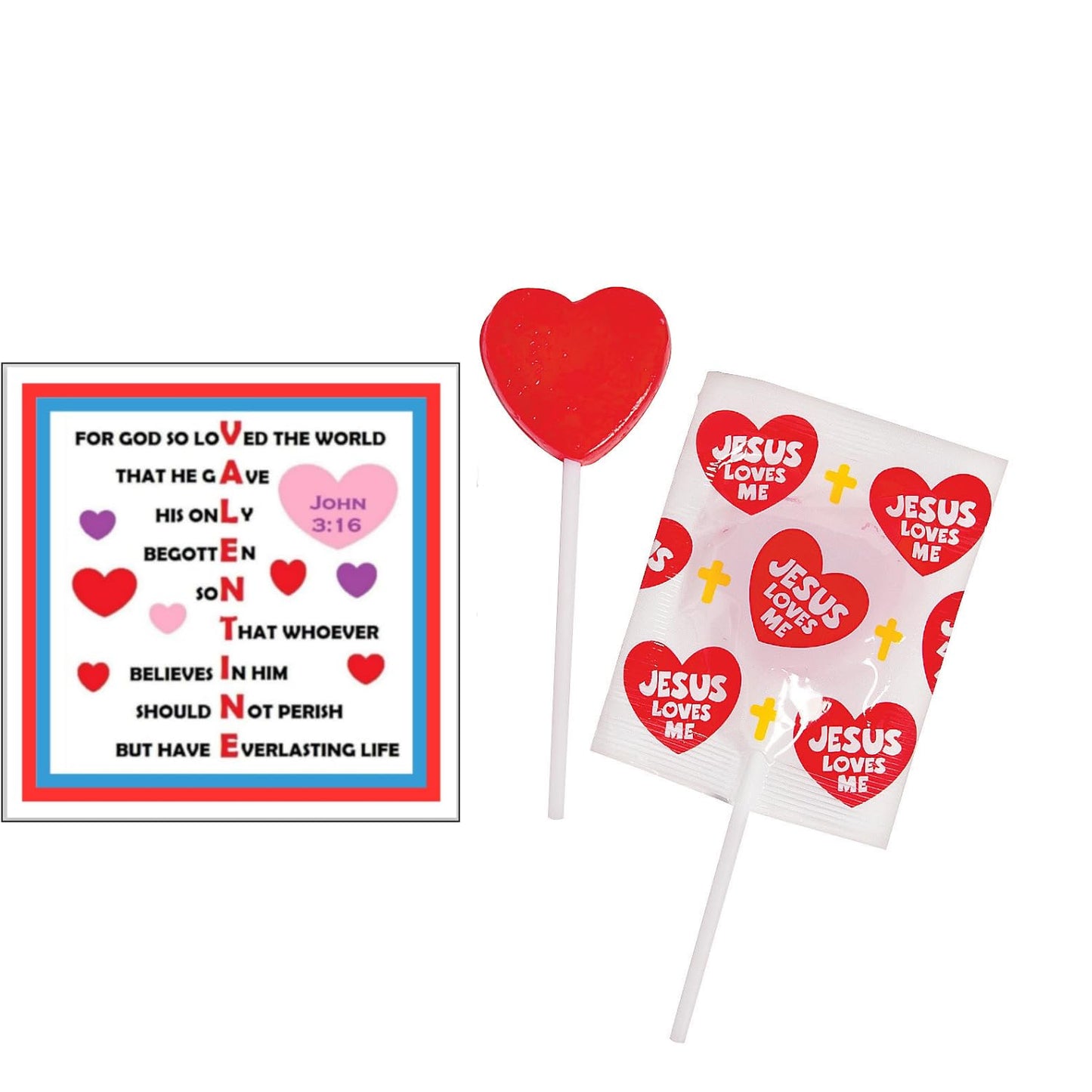 Biblebanz Jesus Loves Me Valentines Day Lollipops - 50 Christian Heart Shaped Red Candy with John 3:16 Exchange Cards