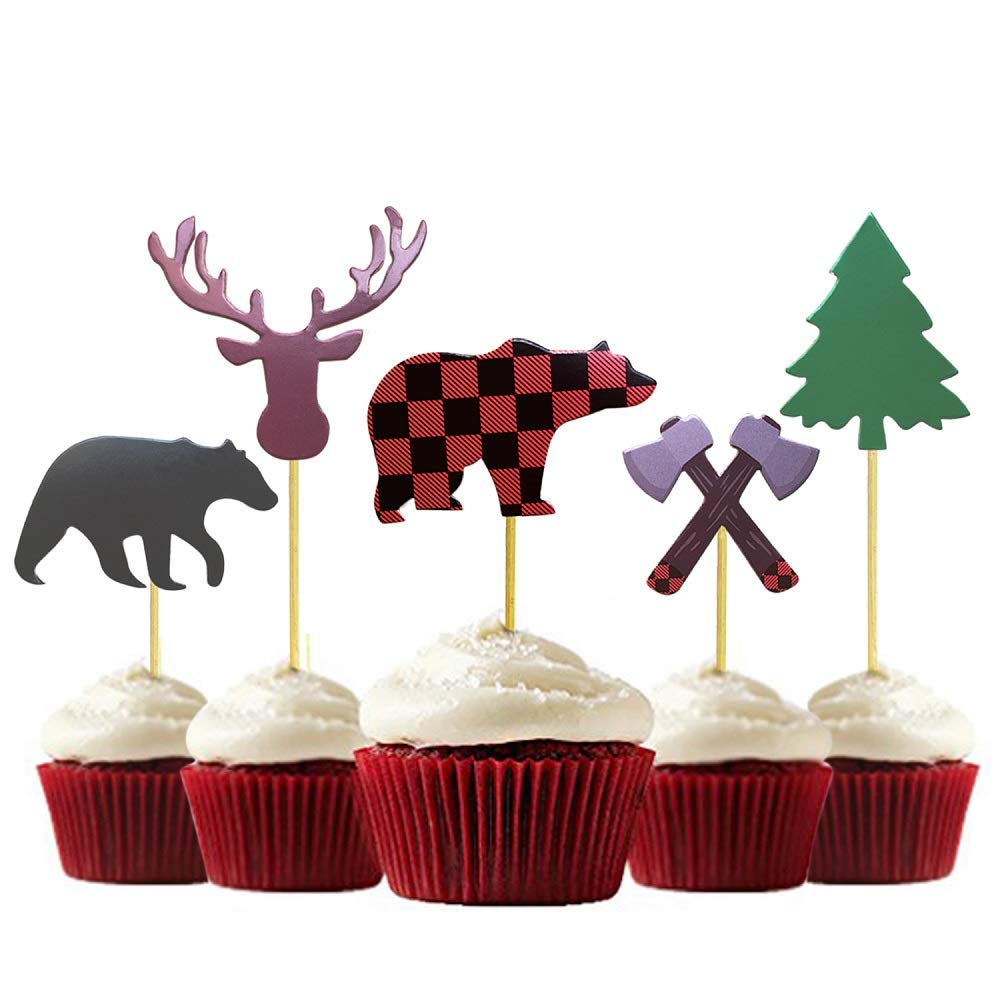 Alissar 30-Pack Lumberjack Cupcake Toppers, Buffalo Plaid Baby Bear Tree Cupcake Topper For Campfire Lumberjack Party Supplies B