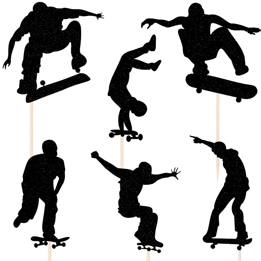 Lveud 7Pcs Skateboard Happy Birthday Cake Topper,Black Glitter Happy Birthday Skateboard Cake Topper For Skateboard Birthday Par
