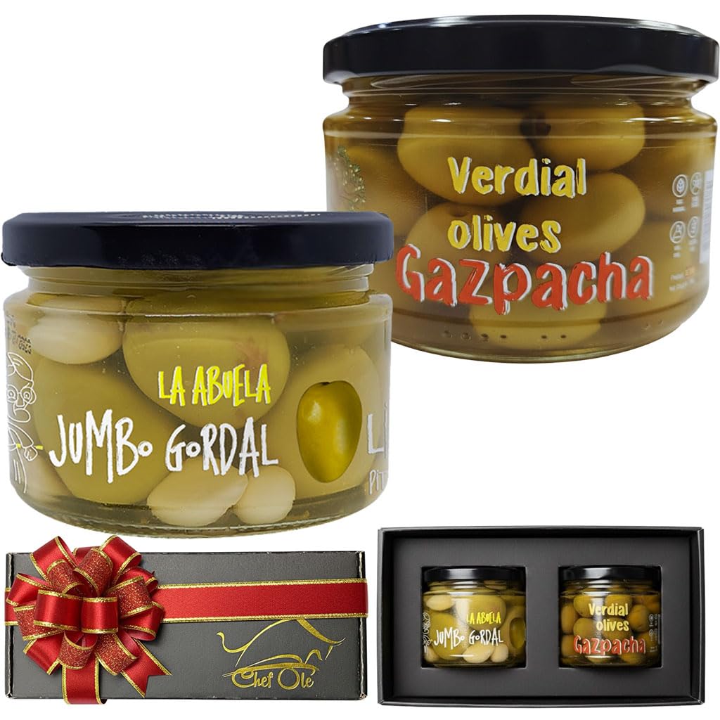 Chef Ole Top-Grade Gourmet Olive Gift Set: La Abuela & Gazpacha Mediterranean Olives | Stylish Spanish Foodie Gift Basket With Handpicked Jumbo Green Olives - Perfect For Charcuterie & Cheese