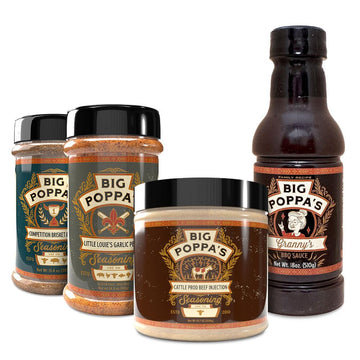 Big Poppa Smokers BBQ Seasoning Kit - Brisket & Steak Seasoning, Beef Injection, Garlic & Pepper Mix, Grannys BBQ Sauce - 4-Pack