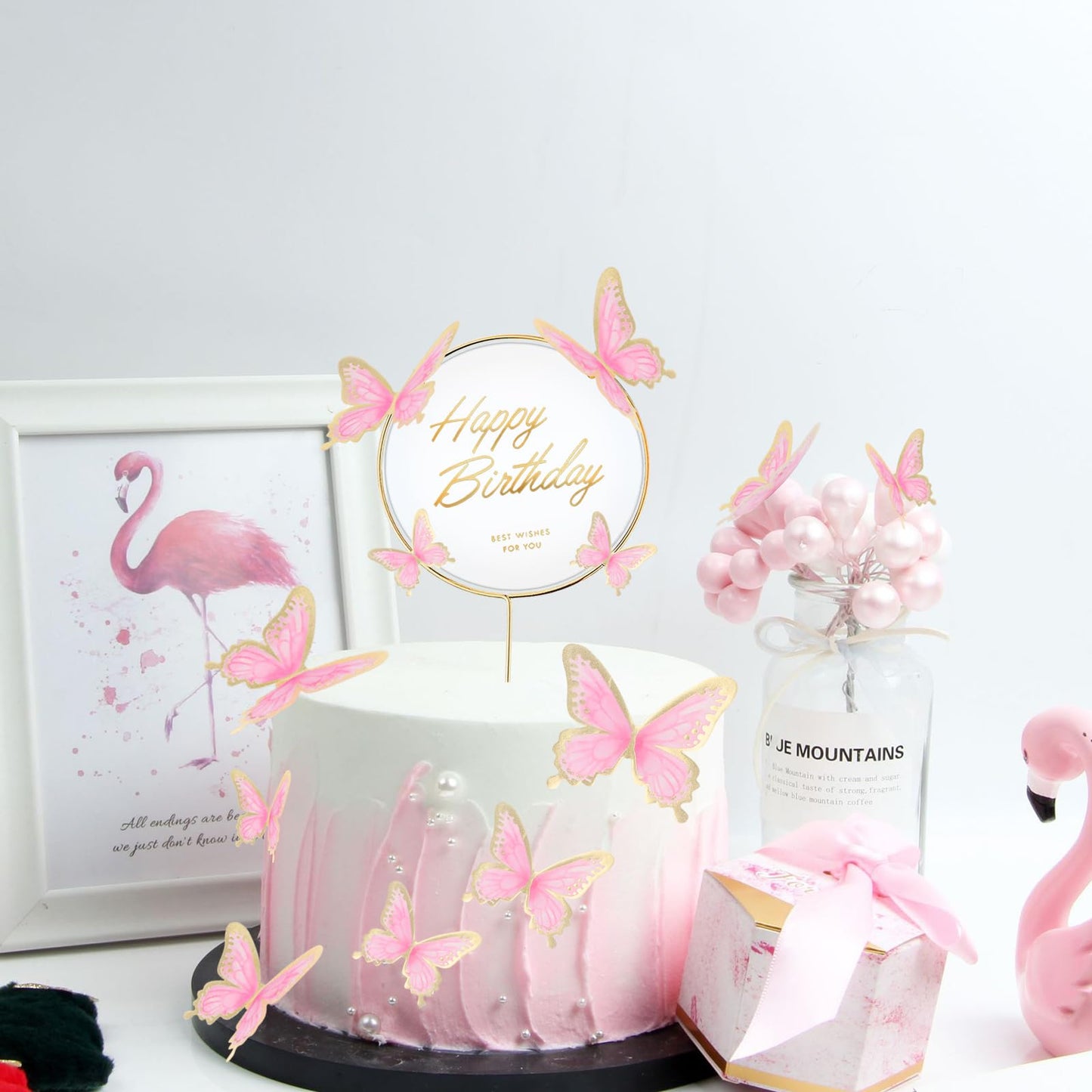 BHNKGZNA Butterfly Cake Toppers, 3D Pink Gold Decorations for Birthday, Wedding, Baby Shower, Plastic