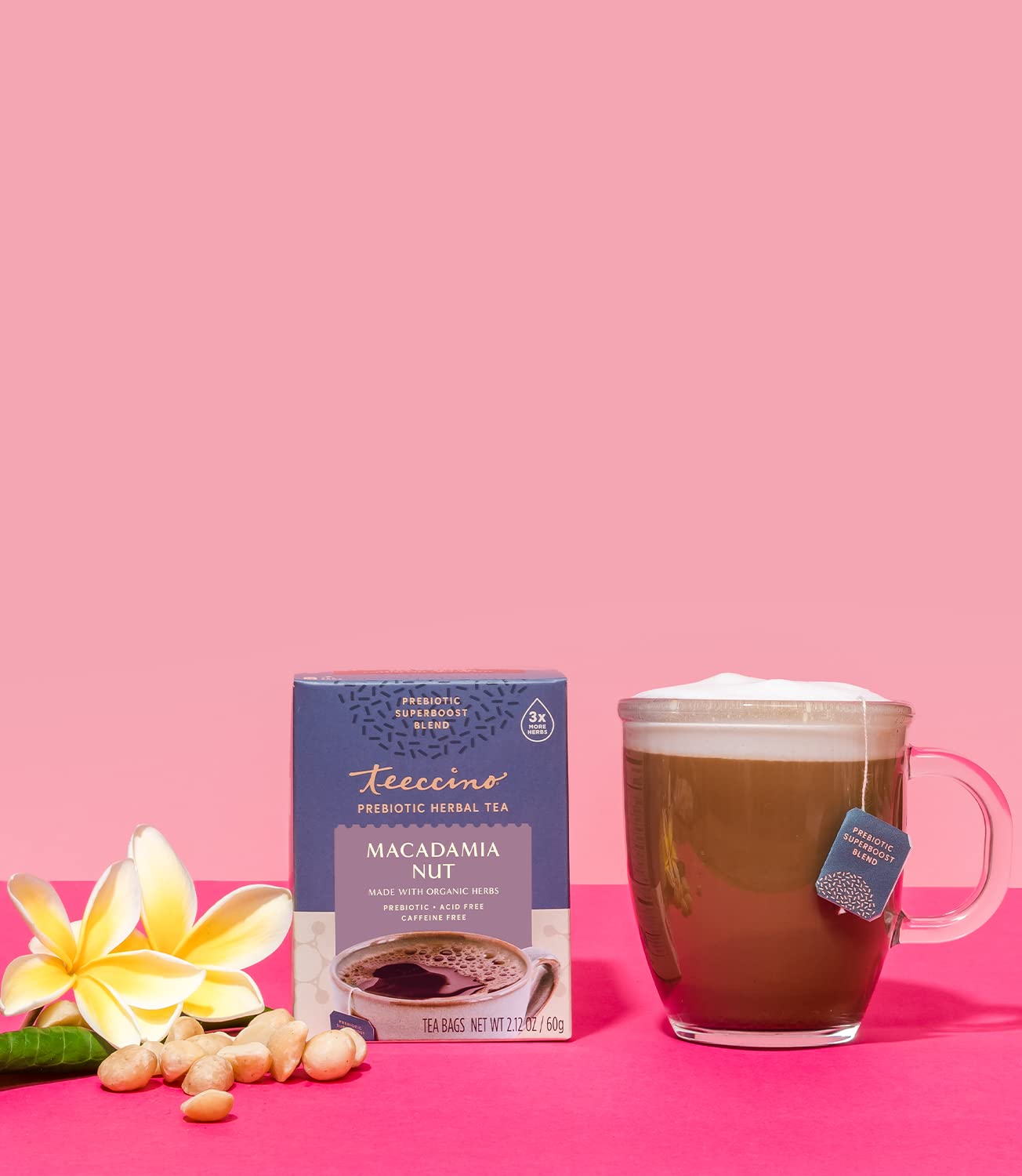 Teeccino Herbal Tea - Macadamia Nut Flavor, Prebiotic SuperBoost, 25 Tea Bags, Vegan GOS & Organic XOS, Good Gut Health
