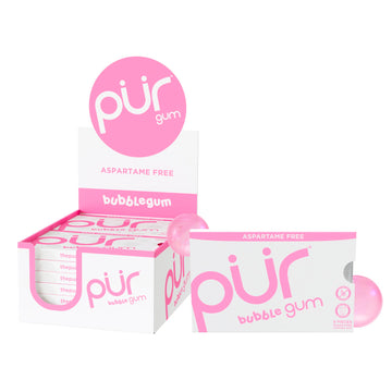 Pur Gum | Aspartame Free Chewing Gum | 100% Xylitol | Natural Bubblegum Flavored Gum, 9 Pieces (Pack Of 12)