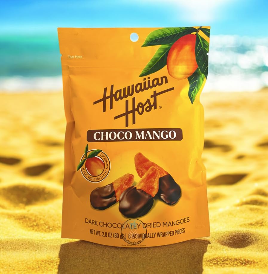 Hawaiian Host Choco Mango - Dark Chocolate Dipped Dried Mango Slices - Tropical Gourmet Snack - 2.8oz (80g) - Individually Wrapp