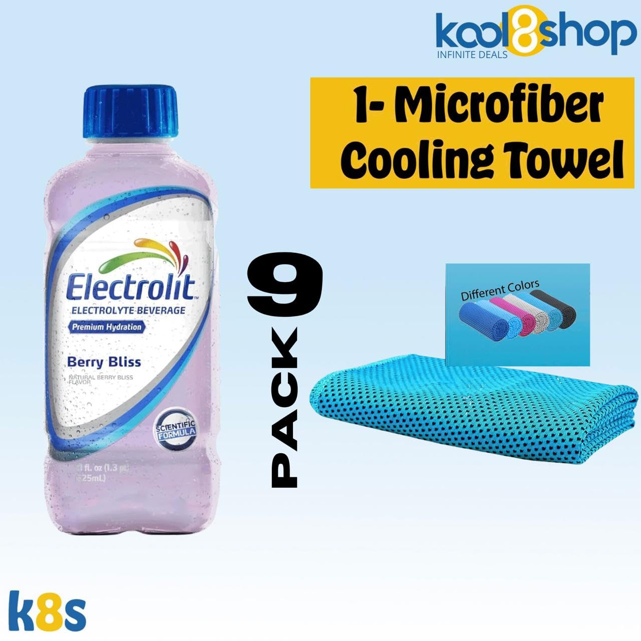Electrolit Berry Bliss Hydration Drink With Electrolytes 21 Fl Oz Plastic Bottles 9 Pack + 1 Microfiber Cooling Towel By Kool8Sh