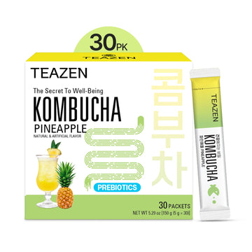 TEAZEN Pineapple Kombucha Tea, Hydration Drink Mix, Sugar Free, Live Probiotics & Prebiotics, 30 Sticks, 5.29oz