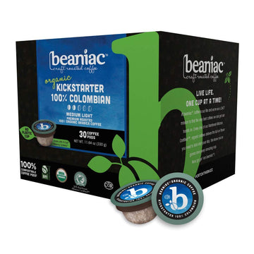 Beaniac Organic Kickstarter 100% Colombian, Medium Light Roast, Single Serve Compostable K Cup Coffee Pods, Organic Arabica Coff