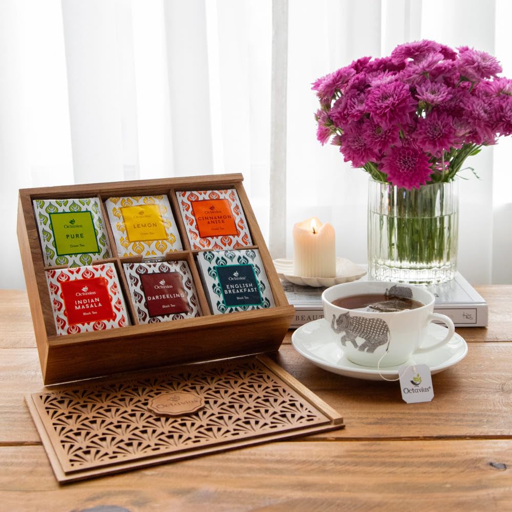 Octavius Tropical Palm Cutwork Wooden Tea Sampler Box | Enhanced Black & Green Tea Gift Set | 6 Flavors, 90 Tea Bags | Elegant Teas Gift Box For Tea Lovers