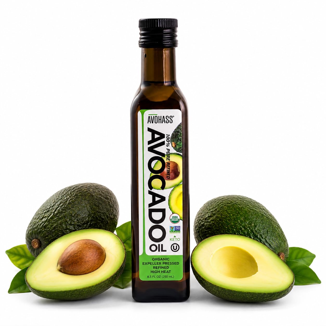 Avohass Organic Avocado Oil - 100% Pure Refined USDA Certified High Heat Cooking Oil, 8.5 oz Avocado Oil for Cooking, Non-GMO Ve