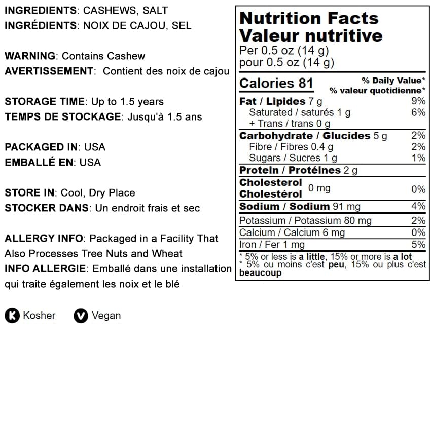 Food To Live Dry Roasted Whole Cashews With Himalayan Salt, 8 Ounces Oven Roasted Lightly Salted Fancy Nuts, No Oil Added, Vegan