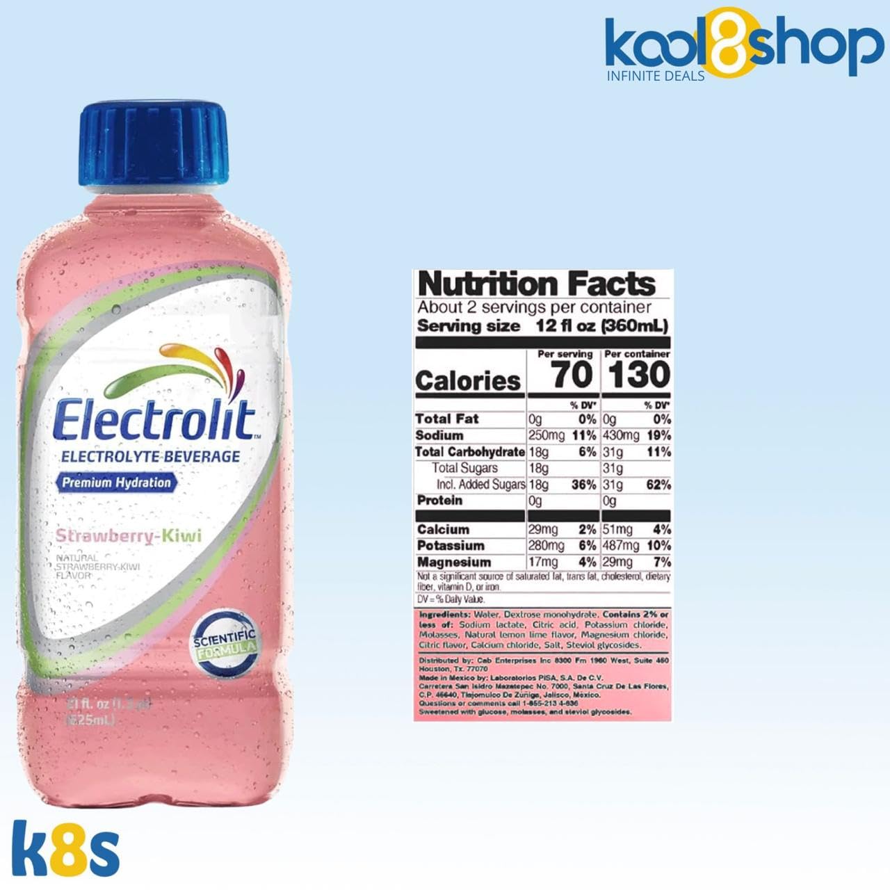 Electrolit Strawberry Kiwi Hydration Drink With Electrolytes 21 Fl Oz Plastic Bottles 9 Pack + 1 Microfiber Cooling Towel By Koo