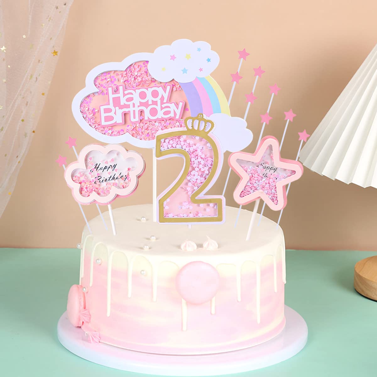 Kawailay Birthday Cake Decoration Set, Rainbow Clouds & Stars, 2nd Birthday Topper, Pink, Model Kawailay-206