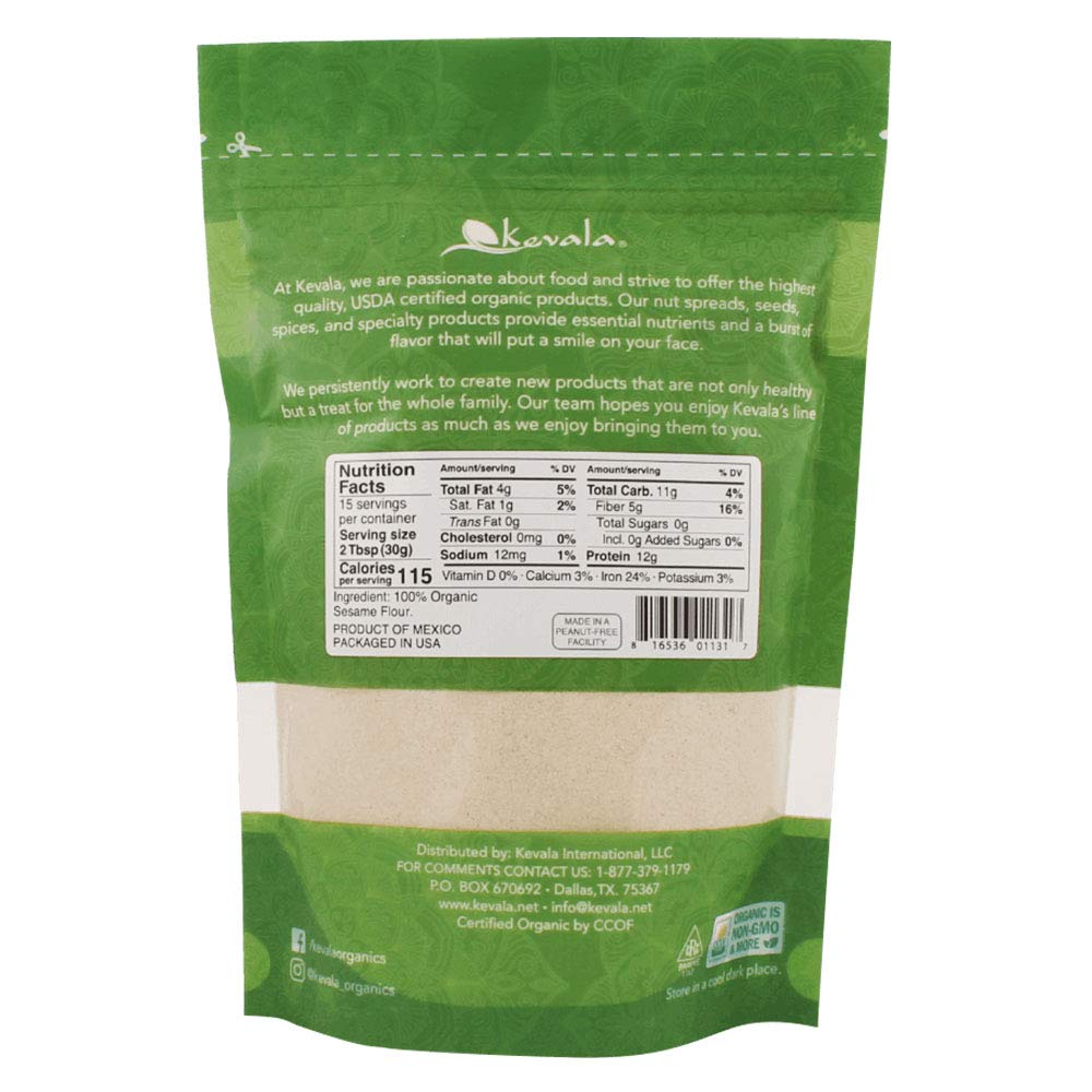Kevala Organic Sesame Flour - Gluten Free, Vegan, Raw Unhulled Seeds - 16 oz