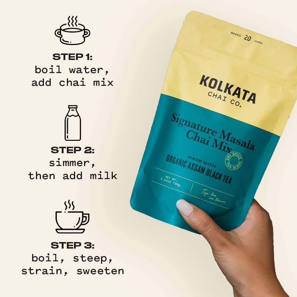 Kolkata Chai Signature Masala Chai Mix, 100% Organic Black Tea, Makes 20 Cups, Enhanced Loose Leaf Tea And Spice Blend, All Natural, 4.23 Oz