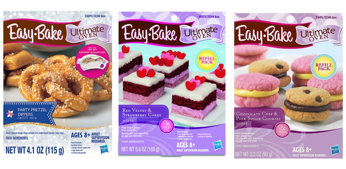 InterC Set of 3 Easy-Bake Oven Mix Refills one Each: Party Pretzel Dippers, Red Velvet and Strawberry Cakes, Chocolate Chip and 