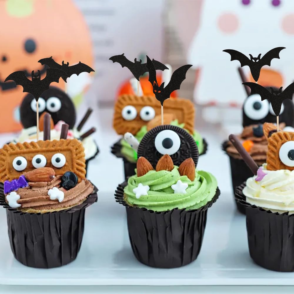 24Pcs Halloween Cupcake Toppers, Halloween Bat Cupcake Decorations, Black Glitter Bat Halloween Cupcake Picks For Halloween Part