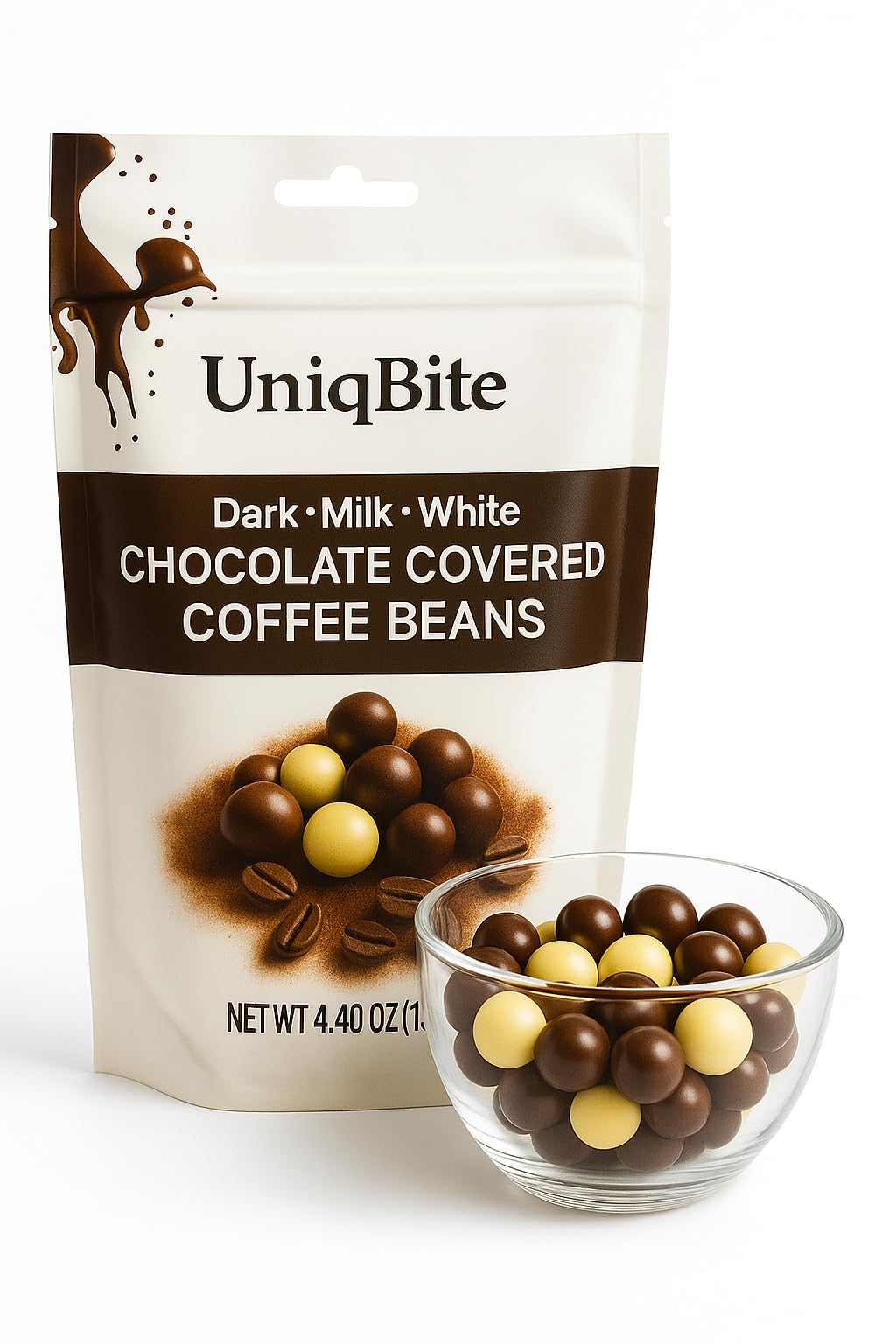 Uniqbite Chocolate Covered Coffee Beans  4.4 Oz  Mixed Chocolate Dragees With Whole Roasted Coffee  White-Dark-Milk Chocolates  Resealable Bag