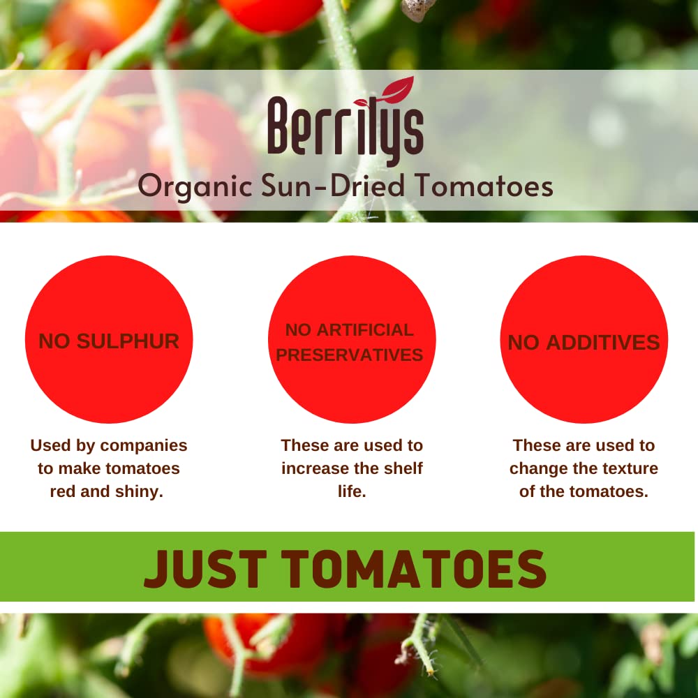 Berrilys Organic Sun-Dried Tomatoes, Salted, No Sulfur, No Preservatives, Kosher, Raw, Non-GMO, Great Ingredient for Baking and