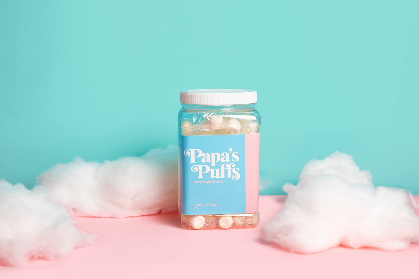 PAPAS PUFFS Cotton Candy Flavored Sugar Candy - Fat-Free, Gluten-Free, 1.68 lb, White, Individually Wrapped in Resealable Tub