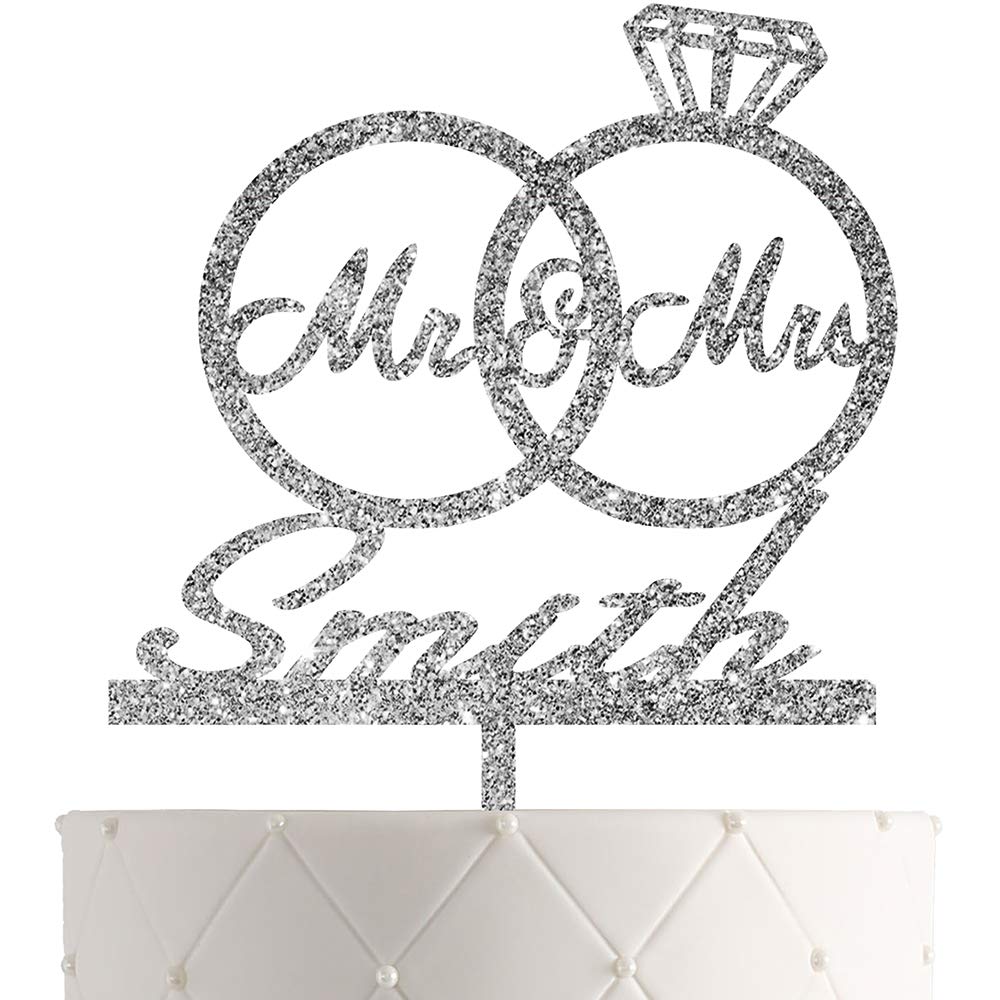 Personalized Bride And Groom Wedding Cake Topper With Customized Last Name For Mr Mrs (Silver Glitter)