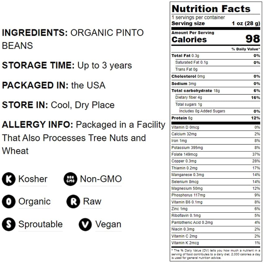 Food To Live Organic Pinto Beans, 15 Pounds Non-Gmo, Frijioles Pintos, Whole Dried Beans, Sproutable, Vegan, Kosher, Bulk. High In Iron, Potassium, Fiber, Protein. For Stews, Burritos, Tacos, Chili.