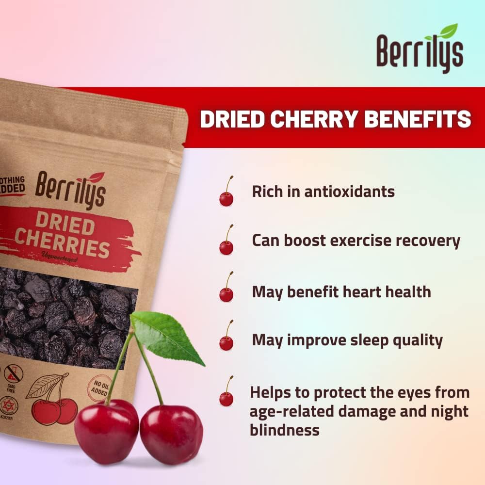 Berrilys Dried Dark Sweet Cherries, No Added Sugar, 10 Oz, Pitted, Unsulfured, Sweet Cherry, Unsweetened, No Preservatives, Non-