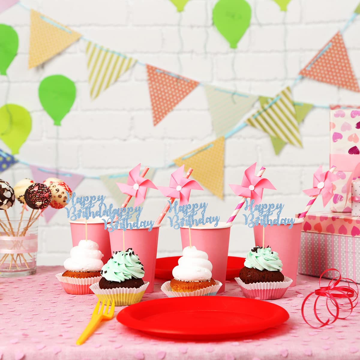 Donoter 24 Pcs Blue Glitter Happy Birthday Cupcake Toppers Cake Picks For Birthday Party Decoration Supplies