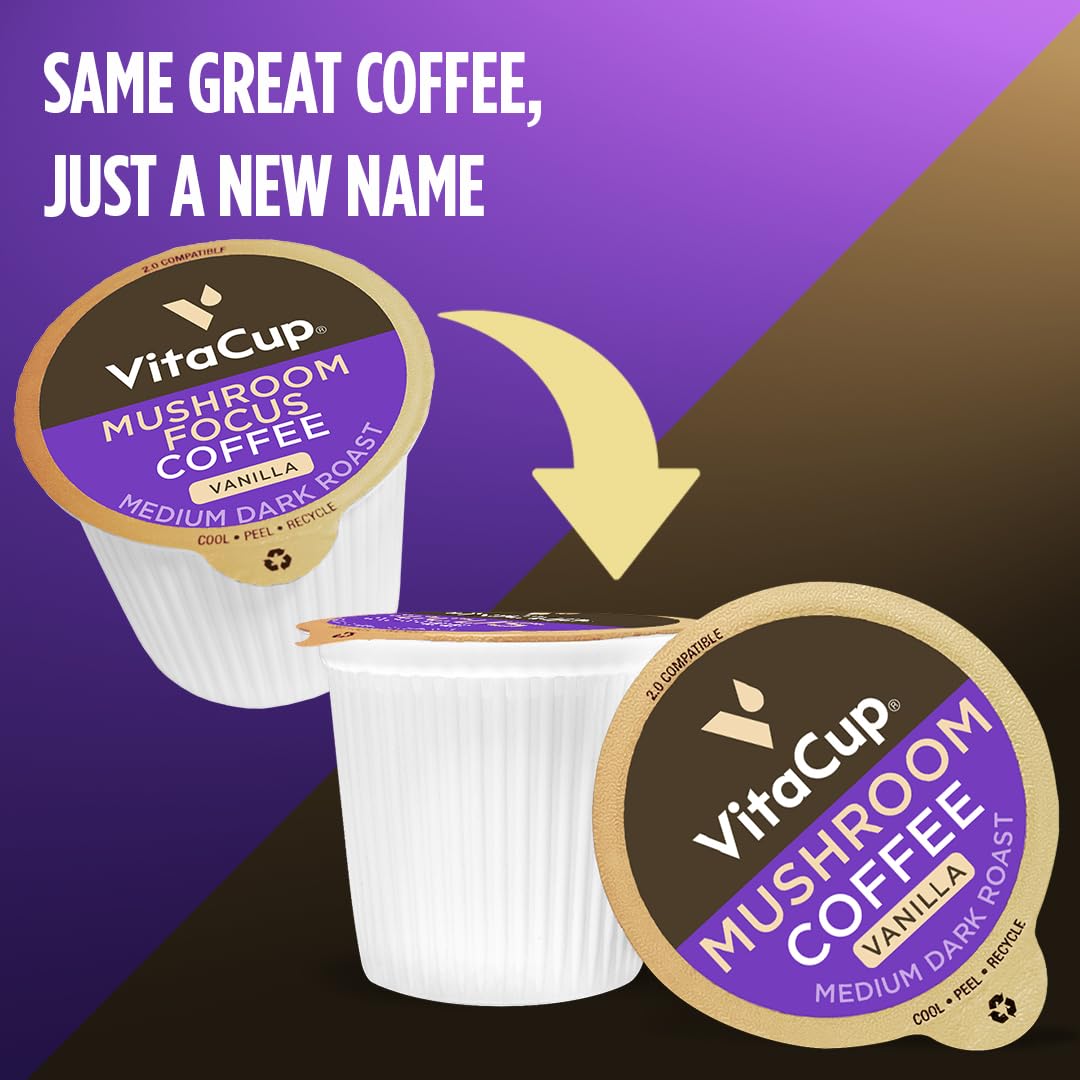 VitaCup Focus Mushroom Coffee Pods  Vanilla Flavored Coffee with Chaga  Lions Mane  Vitamins  Medium Dark Roast Arabica Beans  Recyclable Single Serve Pods Compatible with Keurig K-Cup malt-inspired  16 Ct
