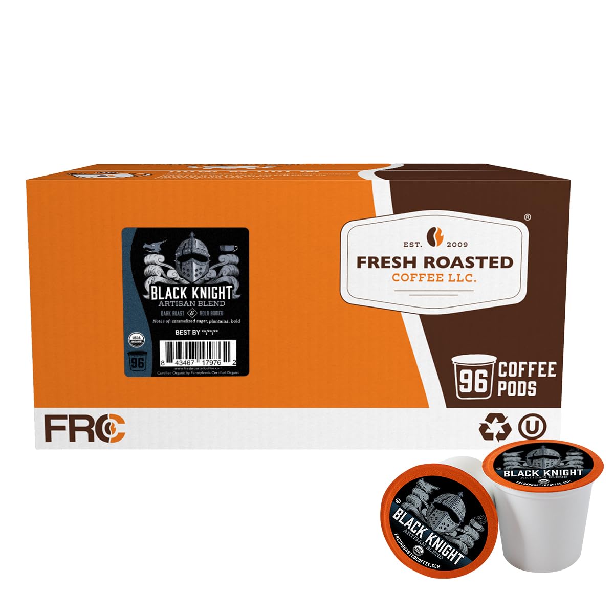 Fresh Roasted Coffee Organic Black Knight Dark Roast 96 Count Pods for K Cup Brewers