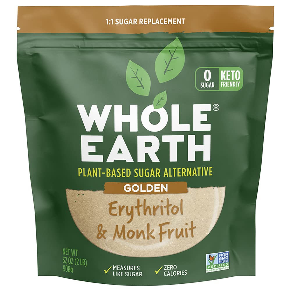 Whole Earth Plant-Based Sugar Alternative, Golden Sweetener Erythritol & Monk Fruit, Zero Calories, 32oz (2lb)