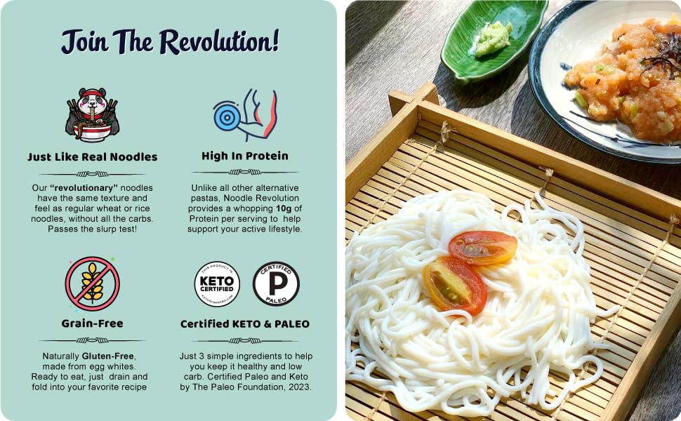 Pure Traditions Noodle Revolution Keto Noodles, 1G Carbs, 10G Protein, Ready to Eat, 3.5 oz (Pack of 6), Certified Paleo, Vermic