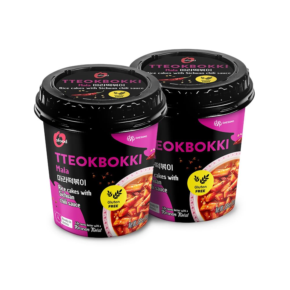 O'Food Mala Cup Tteokbokki Pack of 2, Numbing & Spicy Sichuan Pepper Flavor, Gluten-Free Korean Rice Cakes, Microwaveable & Read