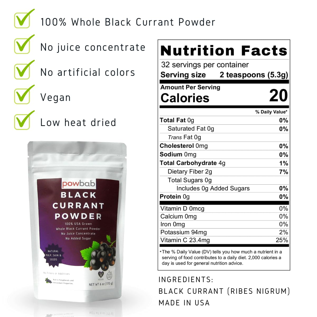 Powbab Black Currant Powder - 100% Usa Grown Whole Black Currants. No Juice Concentrate, No Added Sugar. Made In Usa From Dried