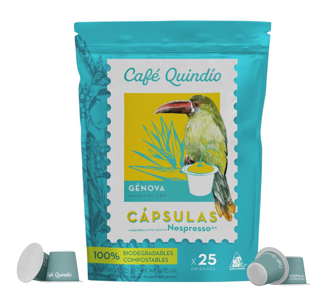Cafe Quindio Compostable Coffee Pods  Compatible With Nespresso Oriflavor Blendal Machines - Genova Single Oriflavor Blend Coffee - 25 Pods/Bag