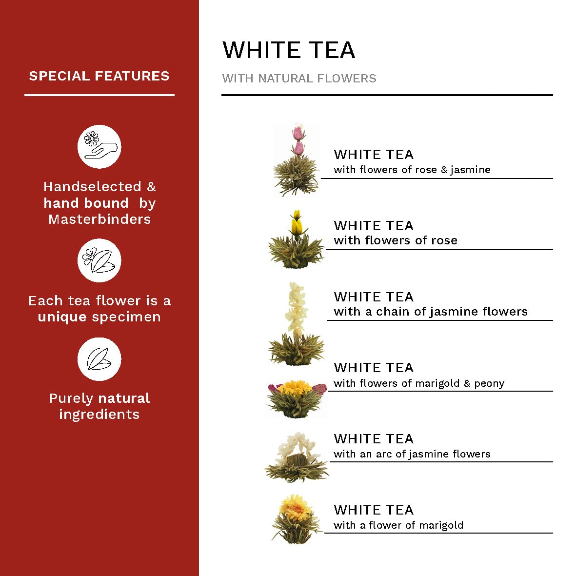 Creano Flowering Tea Gift Set - 7 Piece Set with 6 Blooming White Teas & 17oz Glass Teapot
