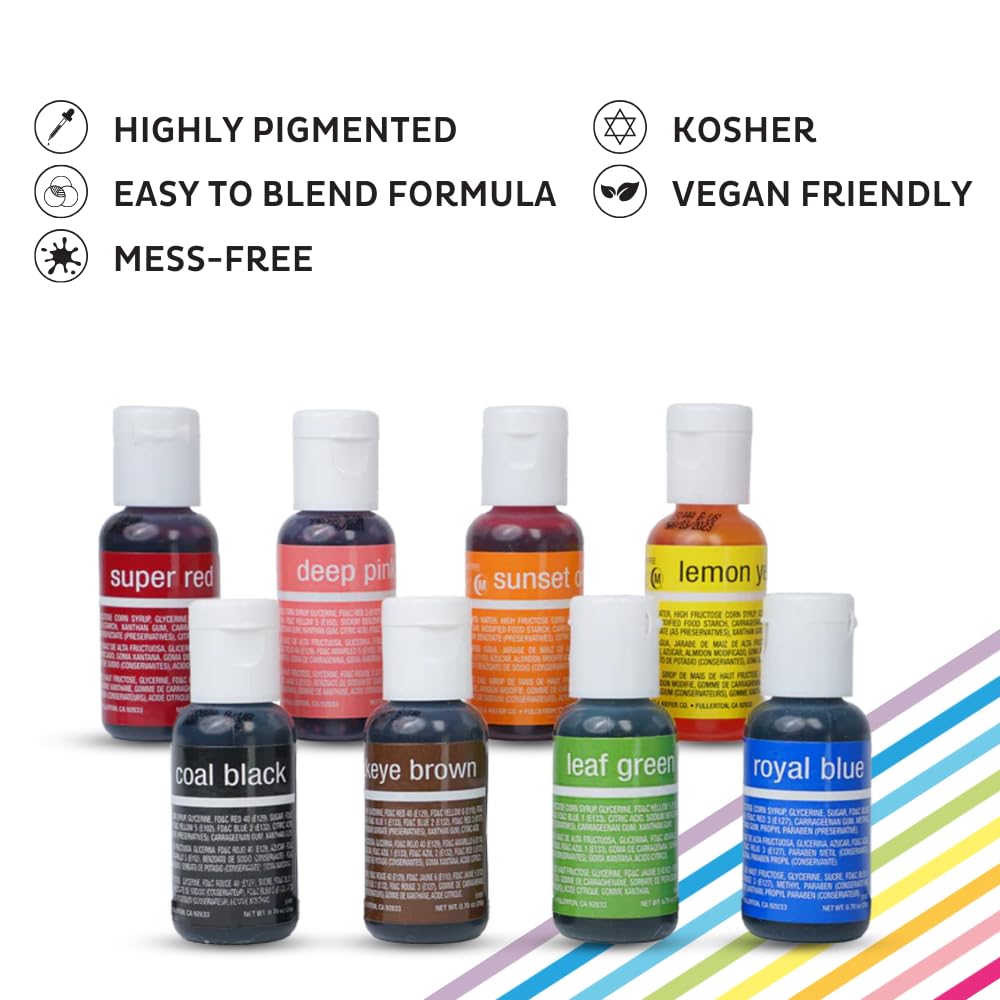 Chefmaster Liqua-Gel Food Coloring, 8 Pack, Fade Resistant, Vibrant Colors, Easy-To-Blend, Made in the USA