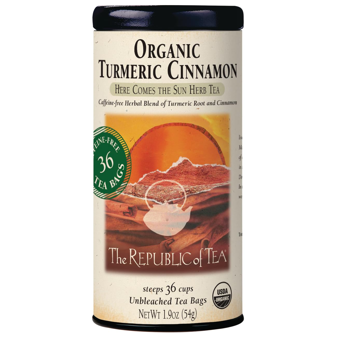 The Republic of Tea Organic Turmeric Cinnamon Herbal Tea, 36 Count, Naturally Caffeine-Free, Model SYNCHKG053600